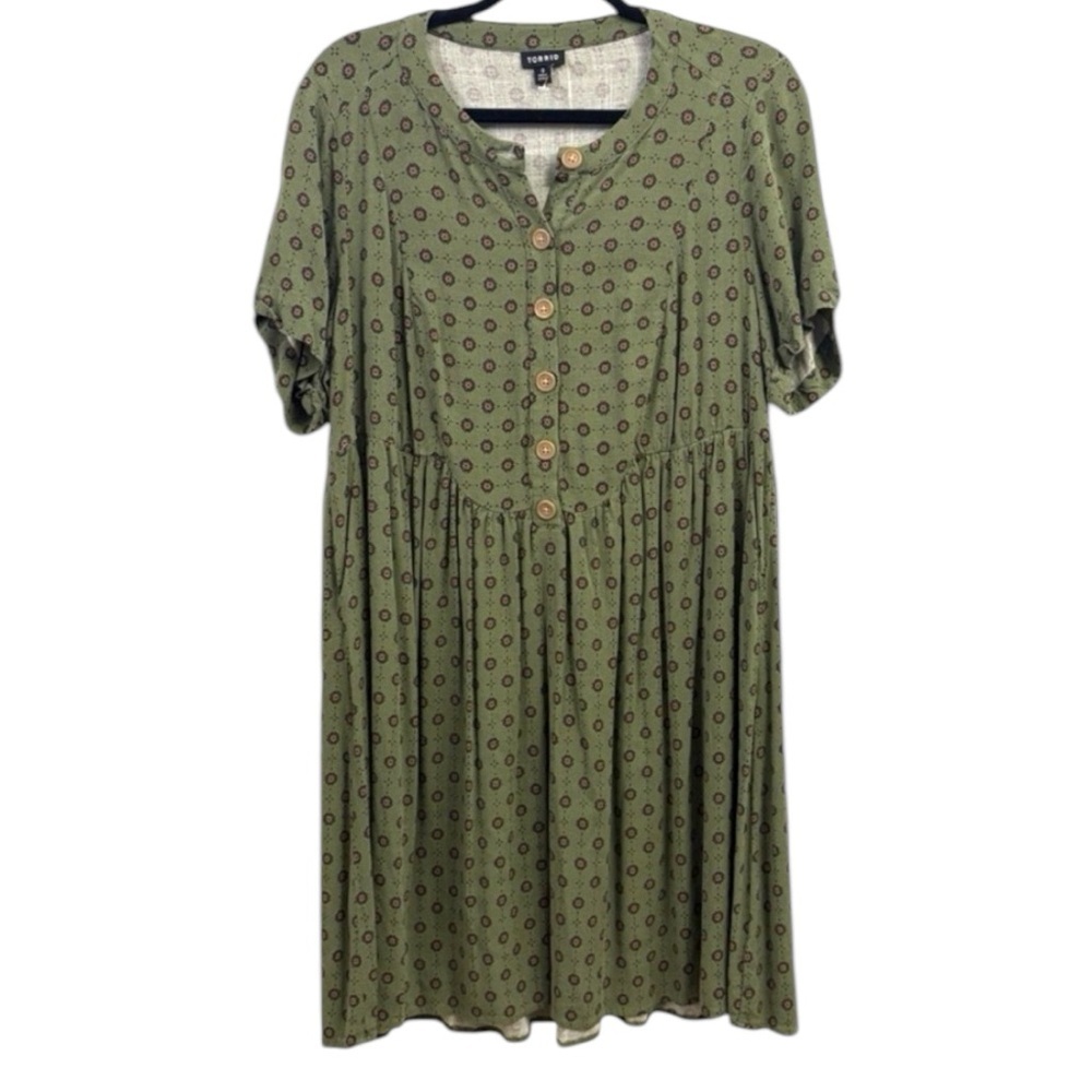 torrid Olive Green Midi Dress with Brown Dot Print
